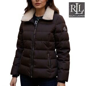 Ralph Lauren Puffer Jacket Women's Small Black Sherpa Collar Down Logo RLL